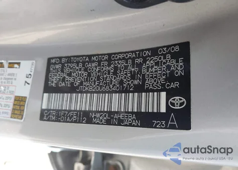 2008 Toyota Prius z USA, uszkodzony, nr VIN JTDKB20U683401712